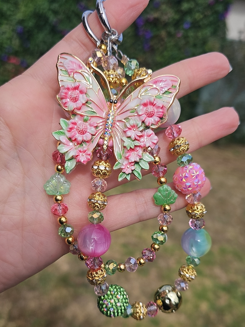 Butterfly Floral Pink Beaded Keychain Charm - Women Jewelry